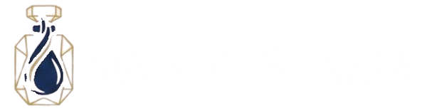 Maison Senzia - logo texte blanc, flacon or, goutte bleue